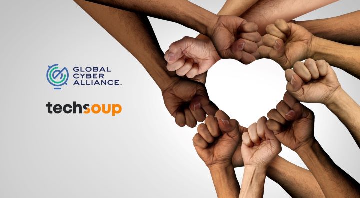 diverse group of hands coming together to form a heart-shaped space next to the logos of Global Cyber Alliance and TechSoup