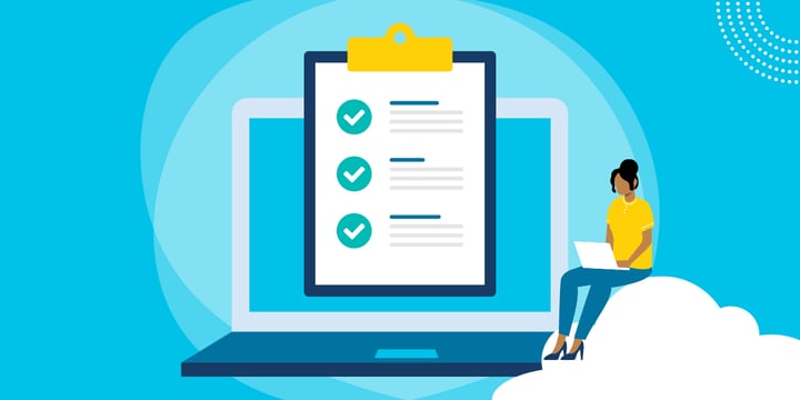 woman sitting on a cloud with a laptop showing three options