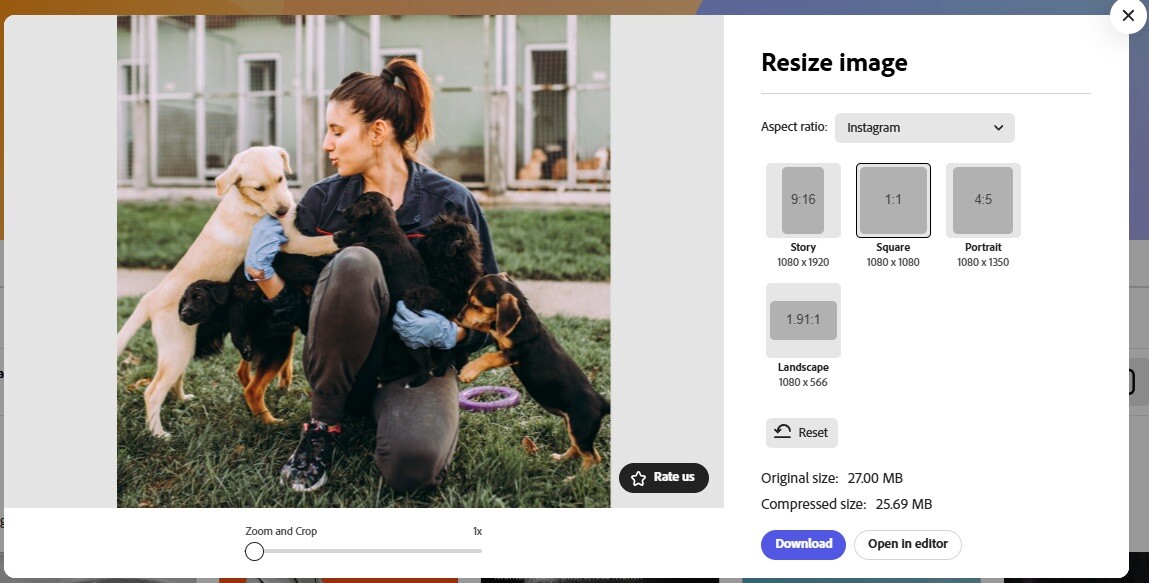 Resize options in Adobe Express.