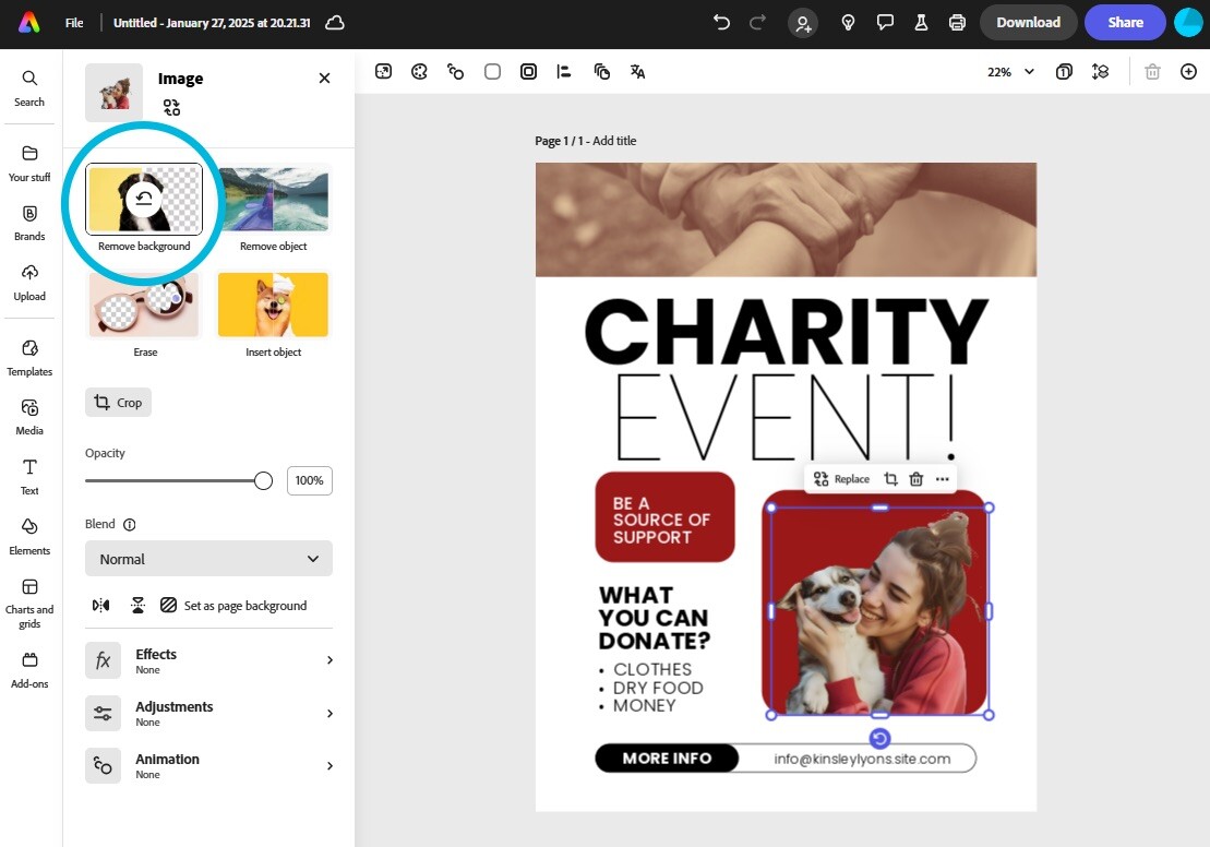 Screenshot of the Adobe Express image editor with a flyer for a charity event.