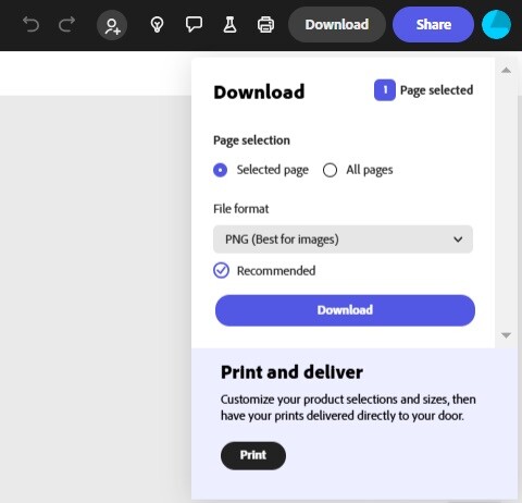 A screenshot of download options in Adobe Express.