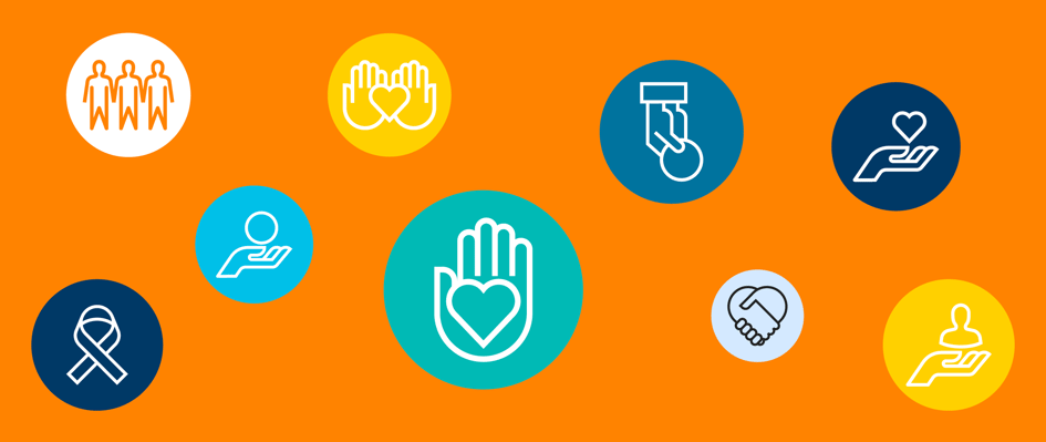9 icons illustrating giving and community: a ribbon, a heart in someone's hand, three people standing together, a person's hand holding a coin