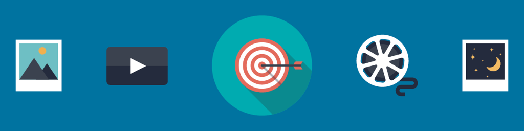 illustration of photos, a film reel, a play button for a video, and a target with an arrow in the center
