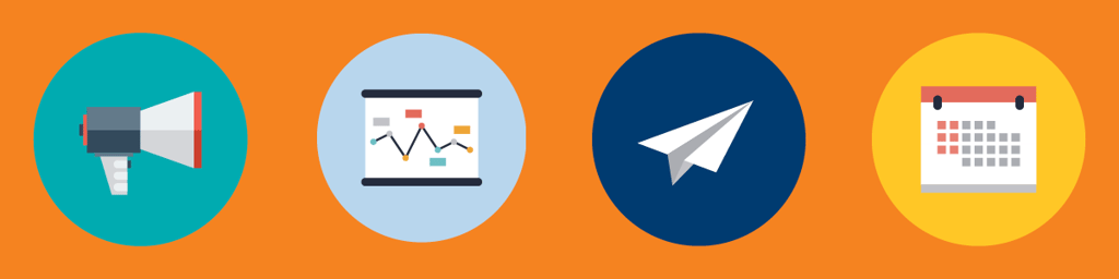 illustration showing a bullhorn, a line chart, a paper airplane, and a calendar to represent promotion of a nonprofit crowdfunding campaign