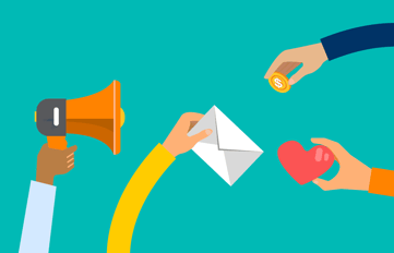 illustration of people holding a bullhorn, an envelope, a heart, and a coin