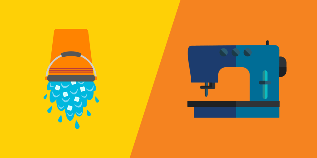 an illustration of an upturned ice bucket and a sewing machine