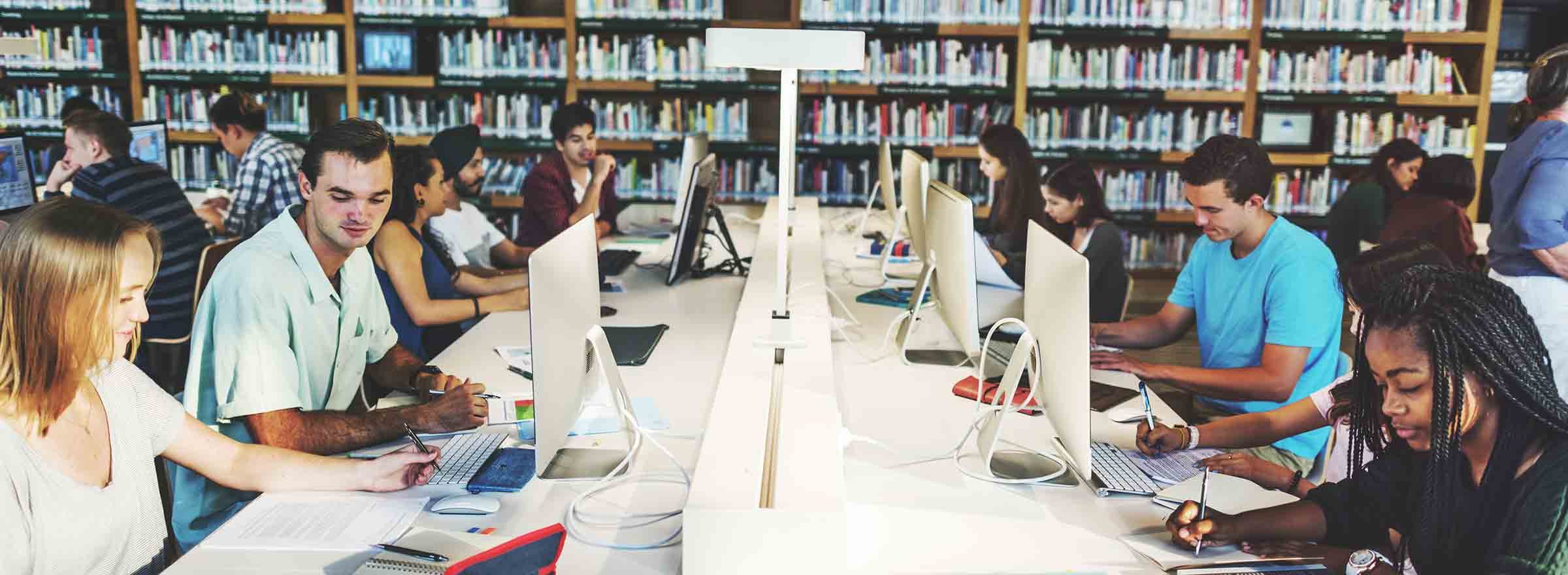 two rows of young people using computers at a library