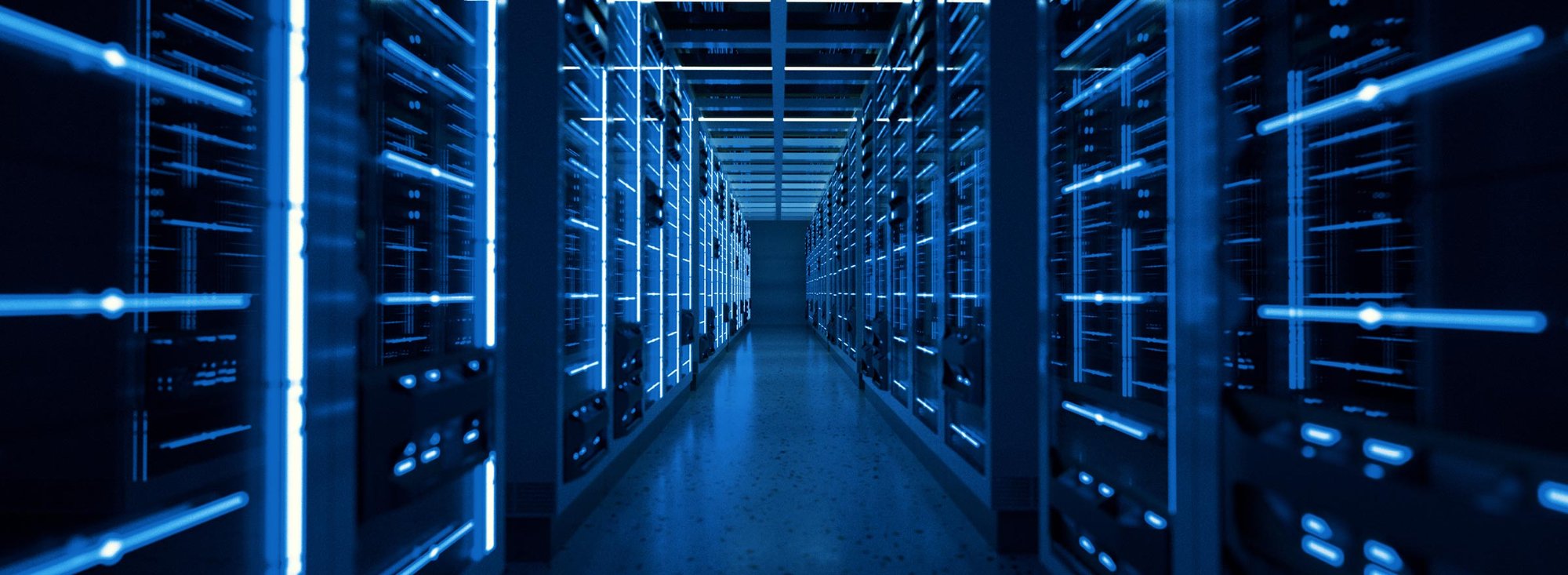 long aisle of server computers in racks