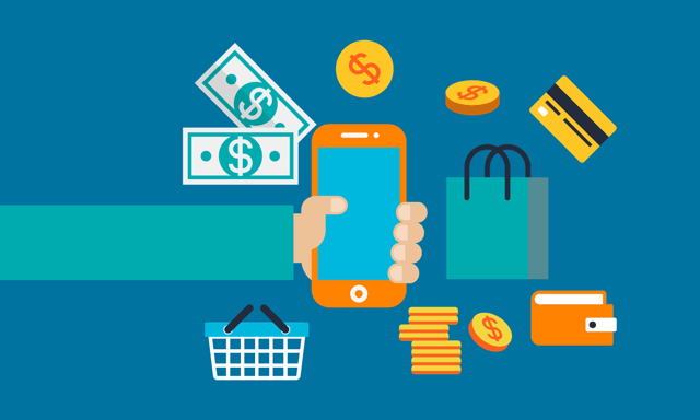 illustration of person holding a cellphone surrounding by coins, dollar bills, a credit card, a shopping bag, and a shopping cart