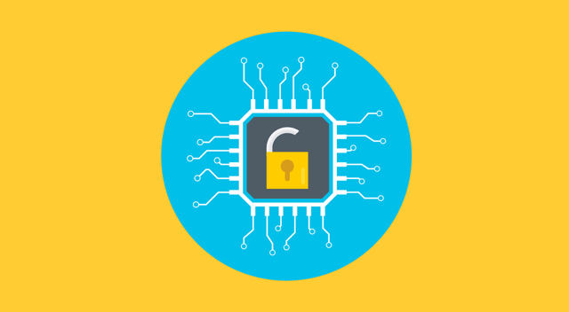 illustration of an unlocked padlocked embedded in a computer chip