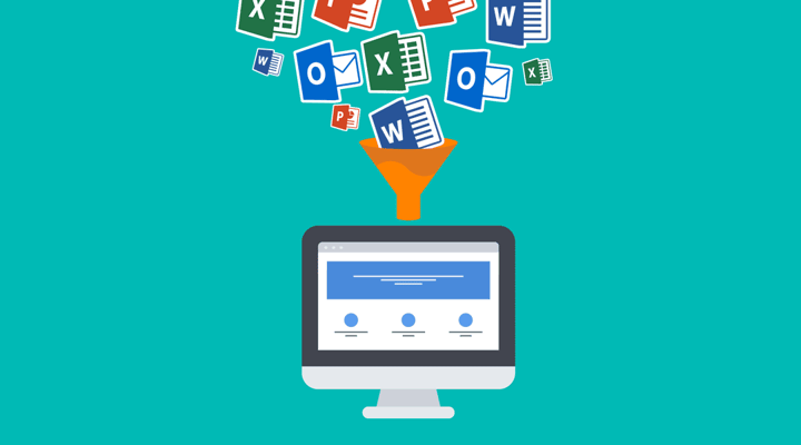 drawing of Microsoft software programs including Excel, Word, PowerPoint, and Outlook floating into a funnel that's pouring into a computer monitor