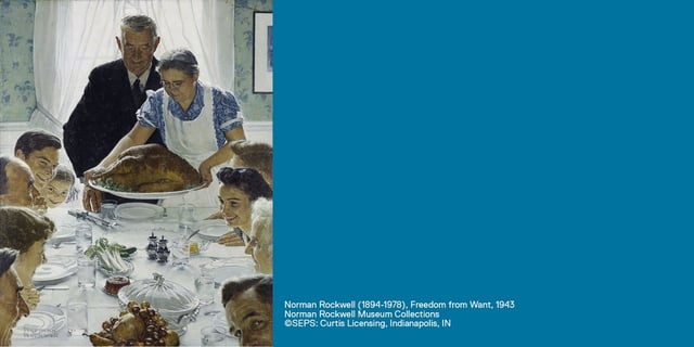 Norman Rockwell painting, "Freedom from Want," 1943. Family sitting around a dinner table.