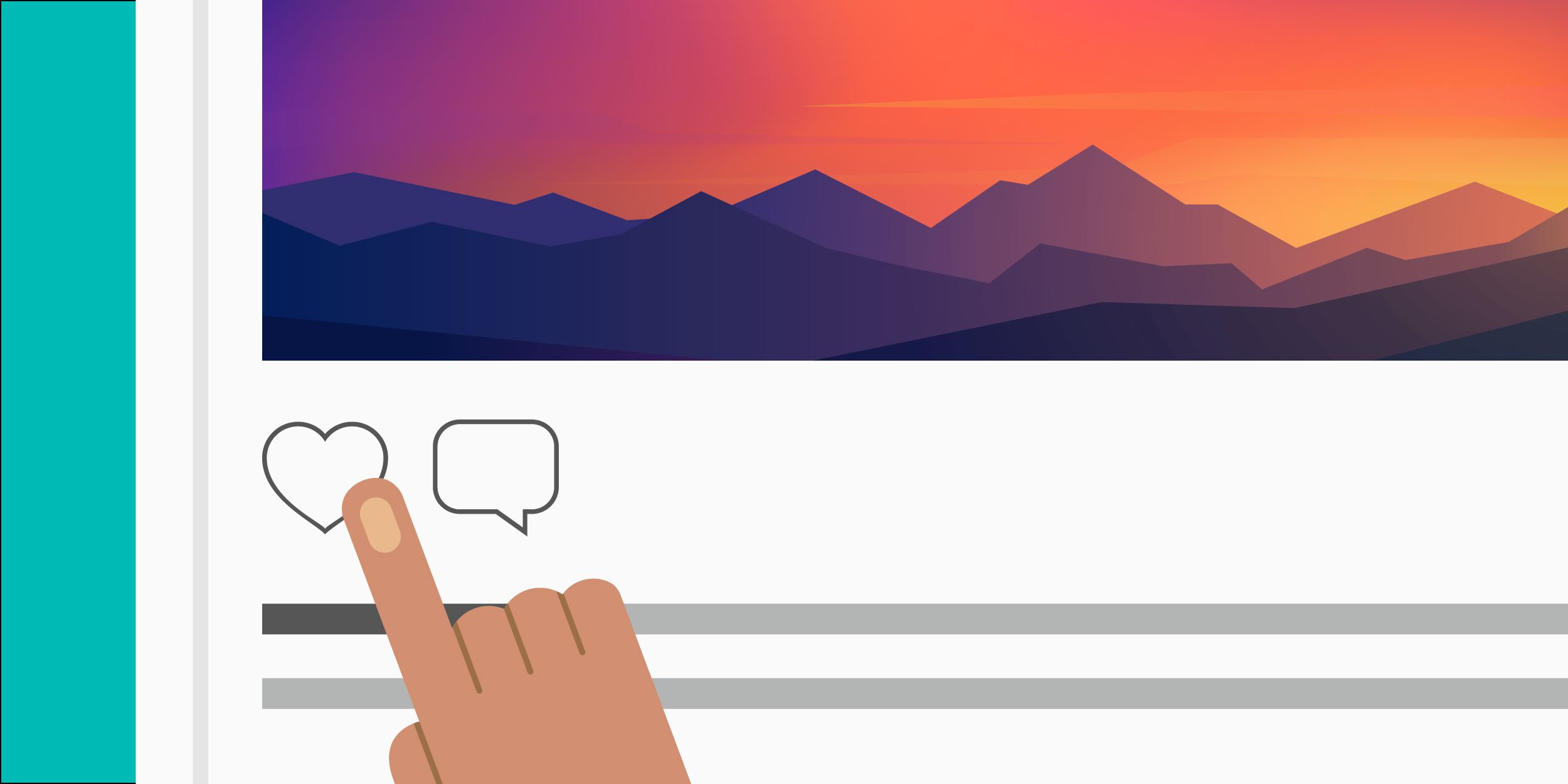 illustration of a person pointing to a heart icon below an nonprofit's Instagram post of a beautiful sunset