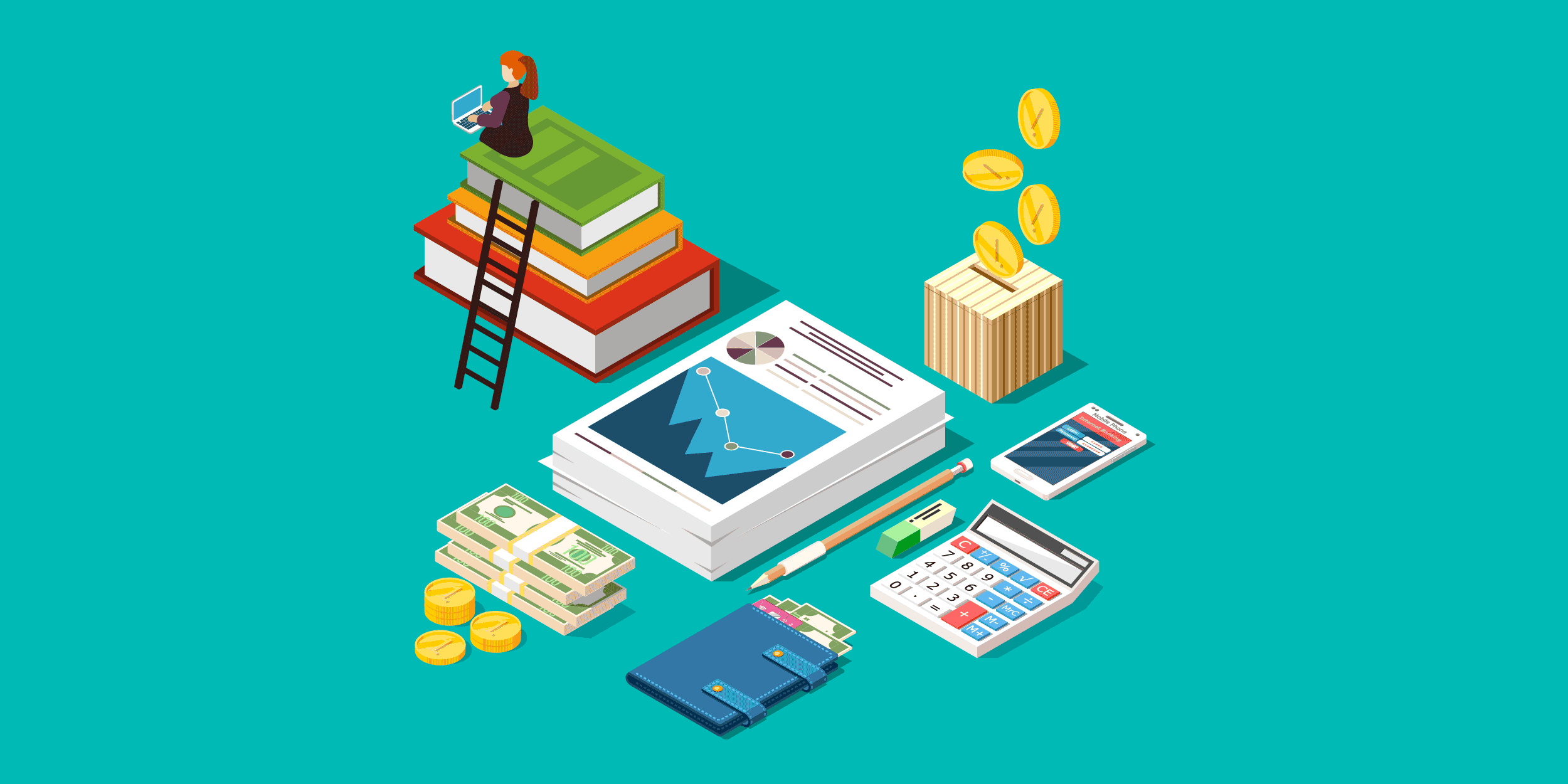 an illustration of a woman sitting on a stack of books working on nonprofit accounting, next to reports, cash, credit cards, a calculator, a piggy bank, a phone, a pencil, and an eraser