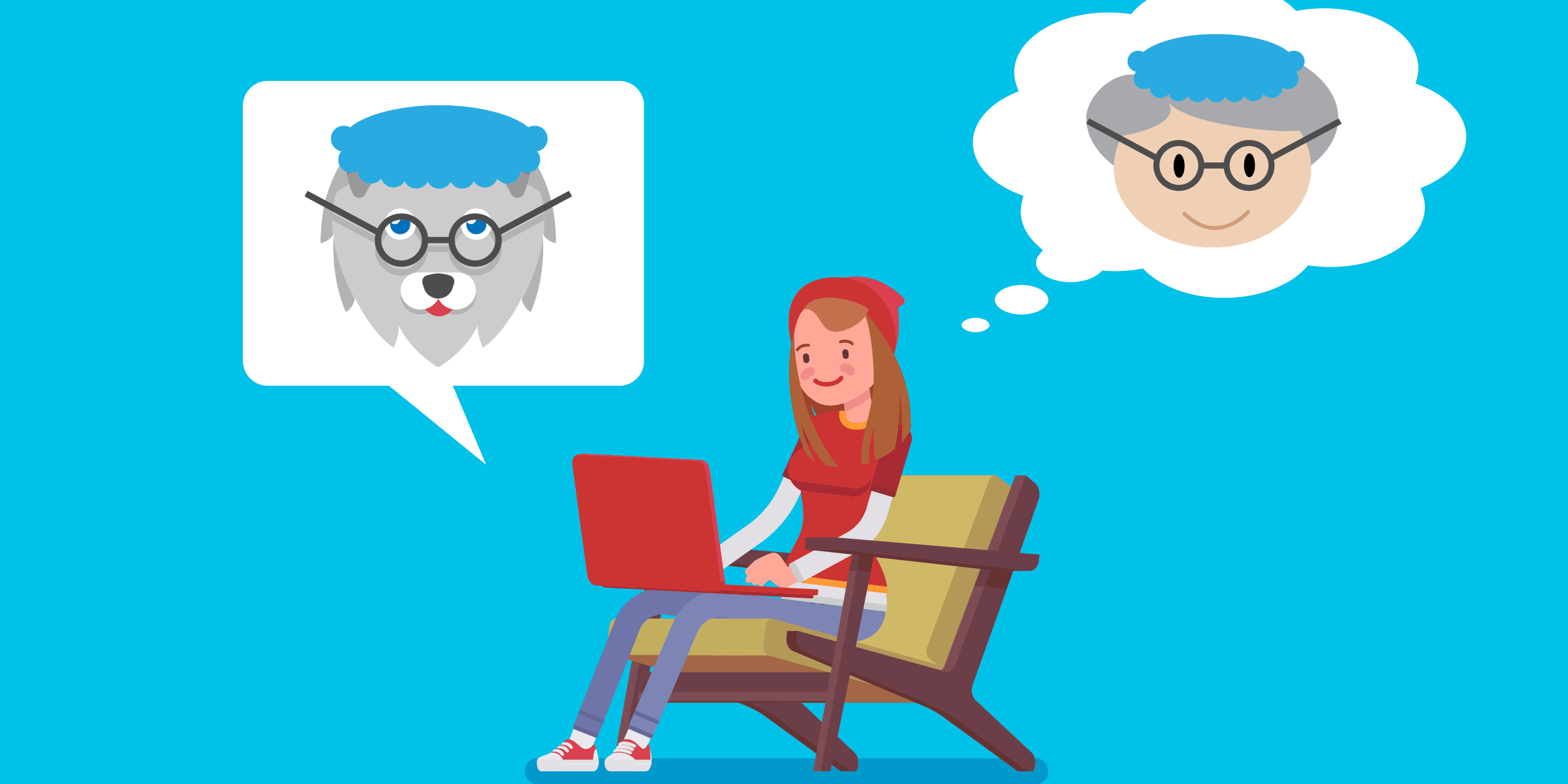 illustration of a woman wearing a red cap and a red shirt typing on a red laptop (a modern-day Little Red Riding Hood) and thinking about her real grandma but chatting online with a wolf dressed as a grandma (representing a cybercriminal or a fraudulent website)