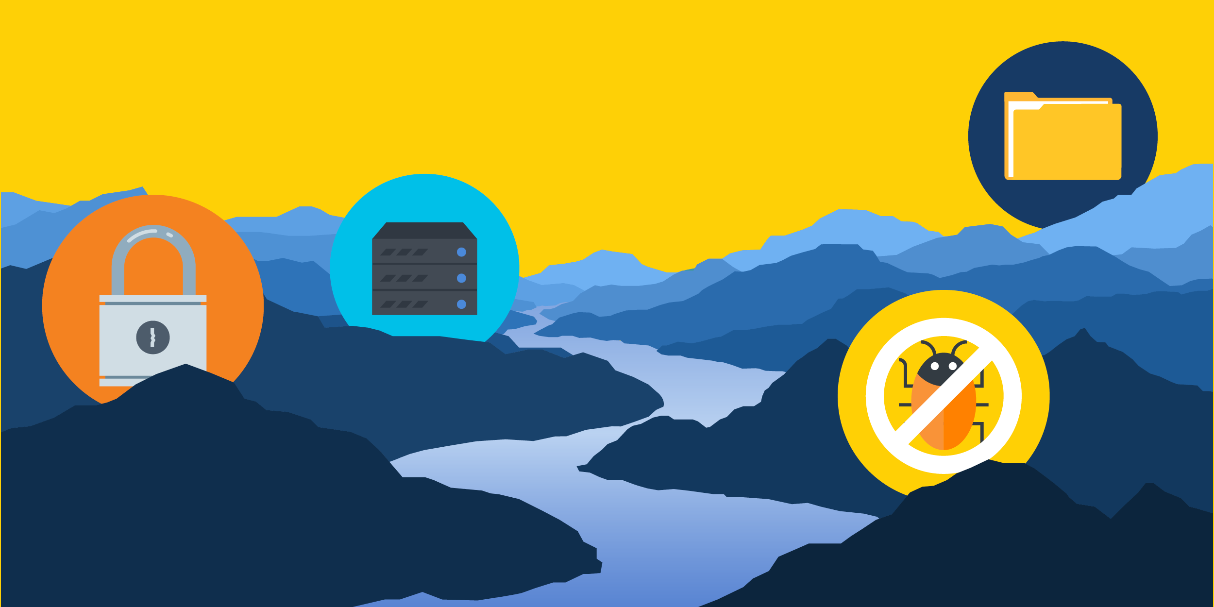 an illustration of a river with icons of a folder, a server, a link, and a "no bugs" sign along its banks symbolizing how Symantec has increased data security for WOTR and therefore contributed to watershed protection