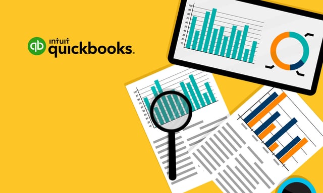 illustration showing and the Intuit QuickBooks logo, a magnifying glass over a bar chart, and a tablet with pie and bar charts on it