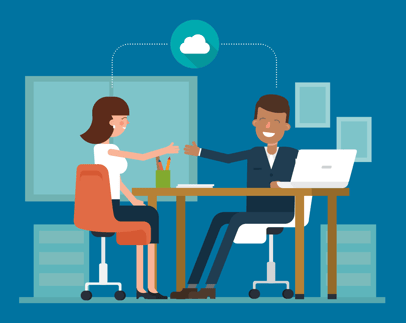 illustration of two coworkers smiling, thinking about the cloud, and reaching out to shake hands