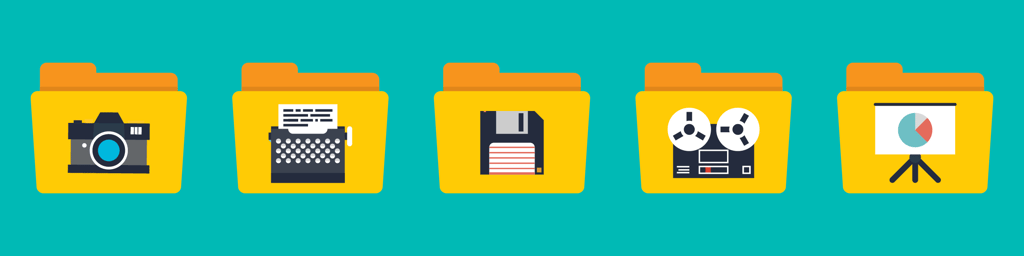 illustration of five file folders with different icons on each: a camera, typewriter, floppy disk, movie reel, and pie chart on an easel