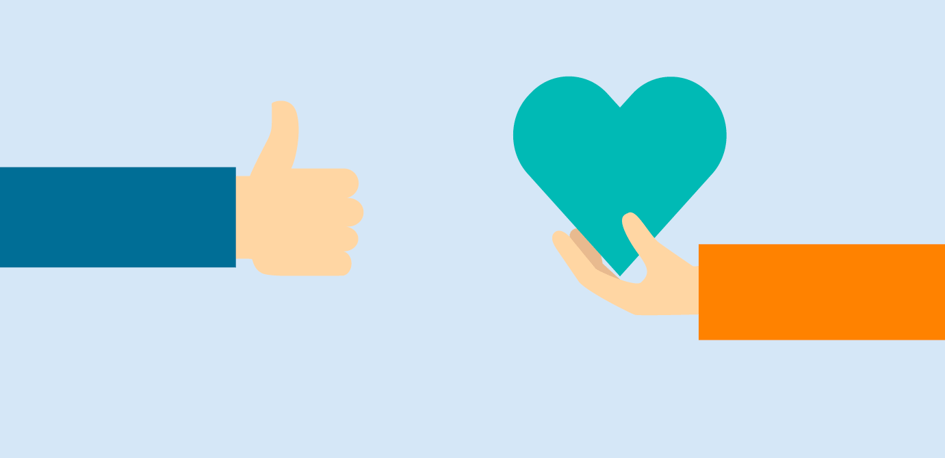 illustration of a thumbs-up and a person holding a heart symbolizing giving