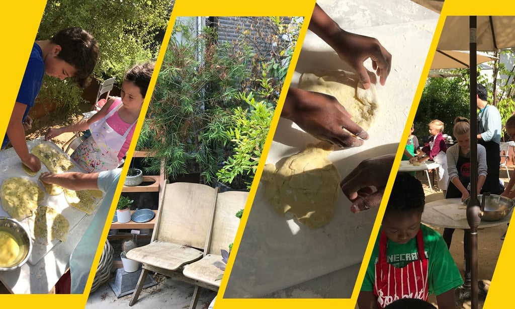 collage showing kids making dough and cooking area at a Sprouts Cooking Club class