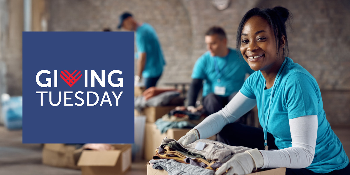 GivingTuesday logo alongside an image of a volunteer at a clothing drive.