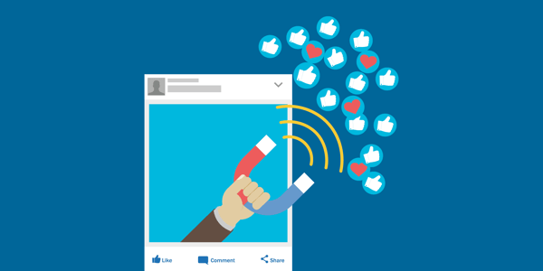 An illustration of a Facebook post with a hand holding a magnet coming out of the frame and collecting hearts and thumbs-up icons magnetically