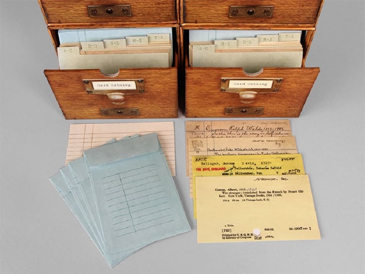 card catalog boxes with sample cards