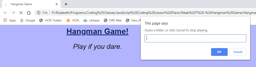 Screenshot of an online Hangman game built using Javascript