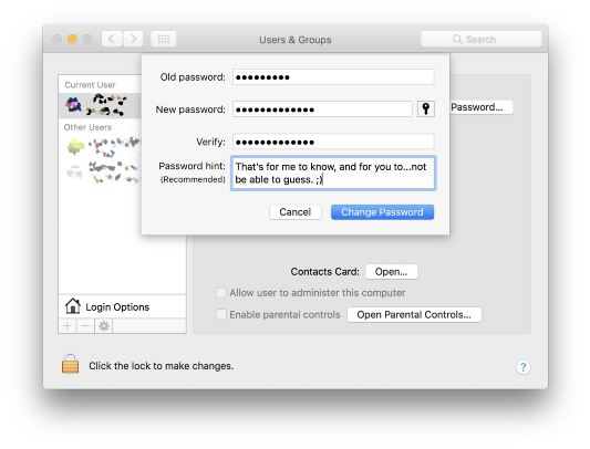 screenshot of updating a password