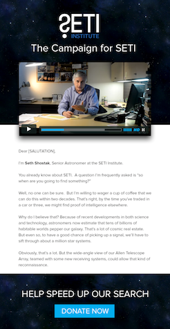 SETI campaign page featuring a video
